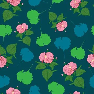 Pink hibiscus repeat pattern on dark green background Stock Illustration