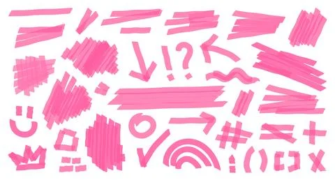 Pink highlight brush underlines, strokes. isolated elements. Illustrazione stock