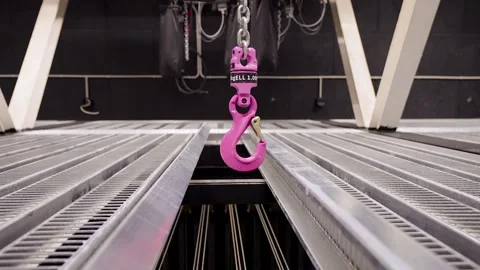 Pink Hook in Chain, Fly Tower Grid Opens to Drop Hook Stock Footage 262112060