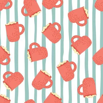Pink hot chocolate cup elements seamless doodle pattern. Striped white and bl イラスト素材