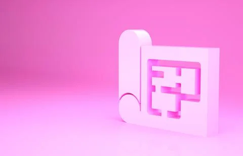 Pink House plan icon isolated on pink background. Minimalism concept. 3d Ilustración de archivo