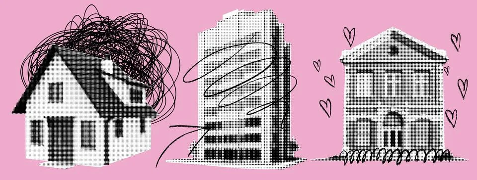 Pink House Set Background. Scribble building collage with heart arrows for y2k Ilustración de archivo
