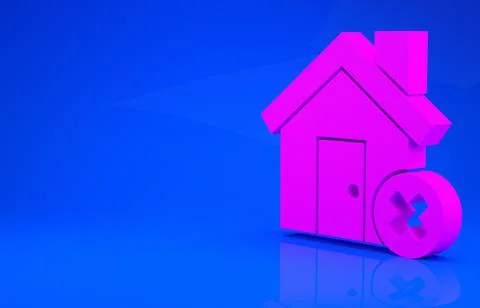 Pink House with wrong mark icon isolated on blue background. Home and close,  Illustrazione stock