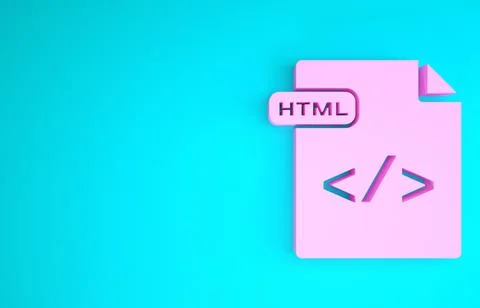 Pink HTML file document. Download html button icon isolated on blue backgroun Stock Illustration