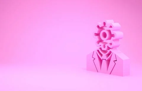 Pink Human head with gear inside icon isolated on pink background. Artificial Stock Illustration