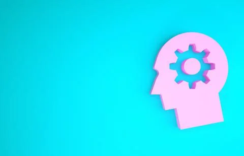 Pink Human head with gear inside icon isolated on blue background. Artificial Illustrazione stock