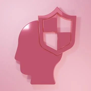 Pink Human head with shield icon isolated on pink background. Minimalism co.. Stock Illustration