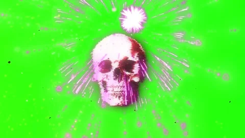 Pink human skull floating against a vibrant green background with animated pink Stock Footage 337463366