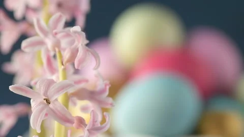 Pink hyacinths in front rotating Easter eggs Stock Footage 148062173