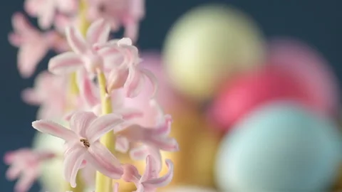 Pink hyacinths in front rotating Easter eggs Stock Footage 148062300