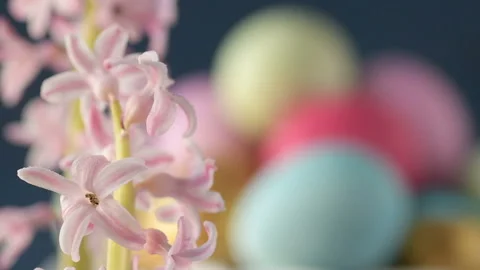 Pink hyacinths in front rotating Easter eggs Video stock 148291371