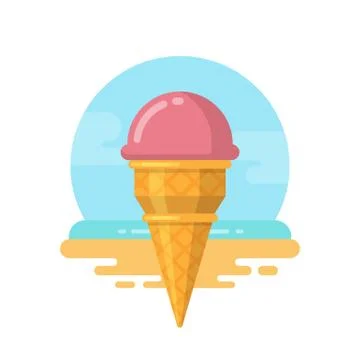 Pink ice cream on the beach flat  icon Stock Illustration