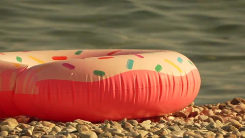 Pink Inflatable Donut on a Pebbled Beach Stock Footage 305551078