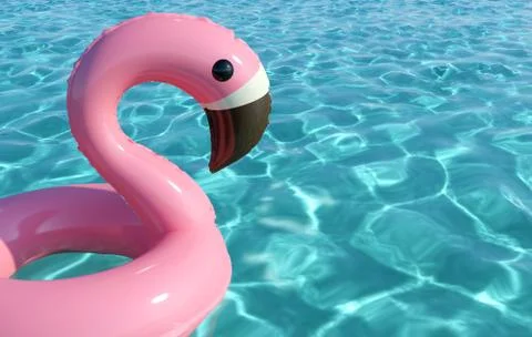 Pink inflatable flamingo pool flat in a swimming pool. 3D Render Illustrazione stock