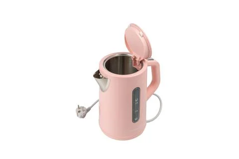 Pink kettle with open lid revealing steel interior on white background Stock Photos