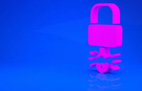 Pink Key broke inside of padlock icon isolated on blue background. Padlock si 스톡 일러스트