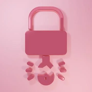 Pink Key broke inside of padlock icon isolated on pink background. Padlock .. Illustrazione stock