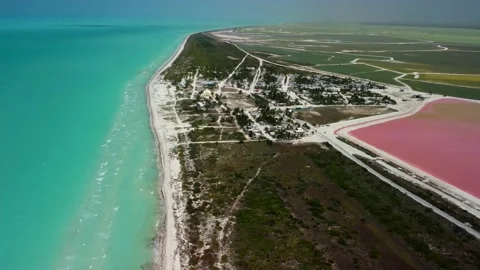 Pink lakes and ocean, nature  in Las Coloradas, Mexico Stock Footage 209416341