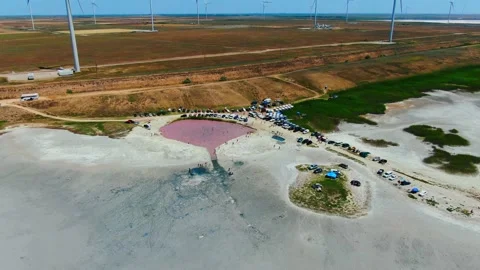 Pink lakes drone shooting from a height Stock Footage 142802414