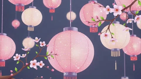 Pink lanterns with cherry blossom background Stock-Footage 297727327