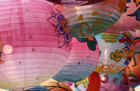 Pink Lanterns theme, craft hands paint Stock Photos