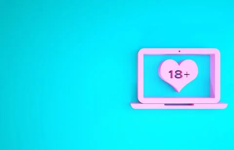 Pink Laptop computer with 18 plus content heart icon isolated on blue backgro Stock-Illustration