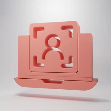 Pink Laptop with face recognition icon isolated on pink background. Face id.. Stock Illustration