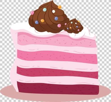 Pink layered cake slice is floating in 2D with chocolate swirls and sprinkles on Stock Illustration