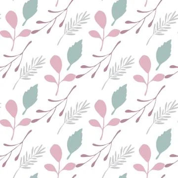 Pink leaves and branches vector seamless pattern on white background. Illustrazione stock