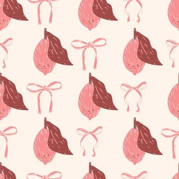 Pink lemon pattern on cream with dark wine leaf and bow ribbon. Coquette lemon Stock Illustration