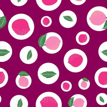 Pink lemons and circles vector repeat pattern design on purple background Stock Illustration
