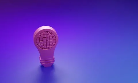 Pink Light bulb with inside world globe icon isolated on purple-blue backgr.. Illustrazione stock