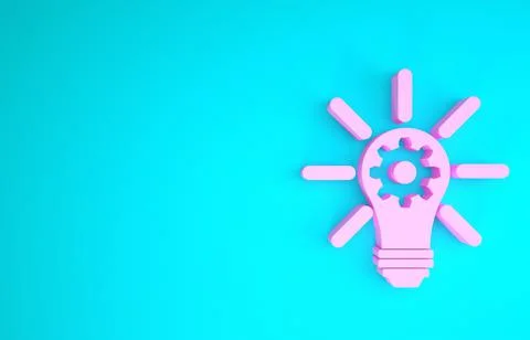 Pink Light bulb with rays shine and gear inside icon isolated on blue backgro Stock Illustration