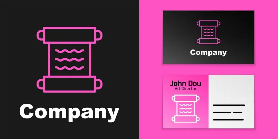 Pink line Ancient papyrus scroll icon isolated on black background. Parchment Stock Illustration