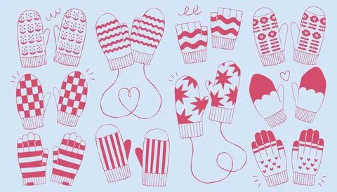 Pink line art vector set of cozy winter mittens and gloves with patterns イラスト素材