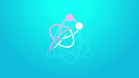 Pink line Atom icon isolated on blue background. Symbol of science, education Stock Footage 154730265