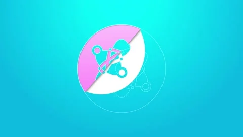 Pink line Atom icon isolated on blue background. Symbol of science, education Stock Footage 155840761