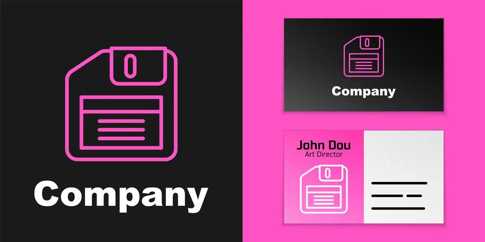 Pink line Floppy disk for computer data storage icon isolated on black Stock Illustration