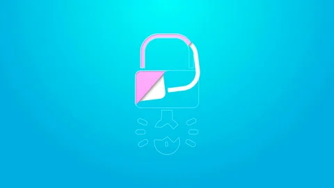 Pink line Key broke inside of padlock icon isolated on blue background. Padlock 動画素材 144645075