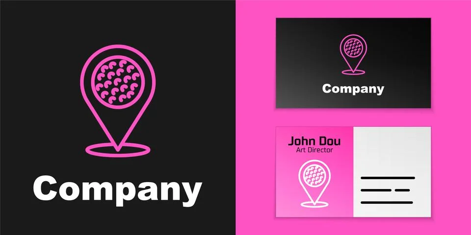 Pink line Map pointer with golf sport club icon isolated on black background Stock Illustration