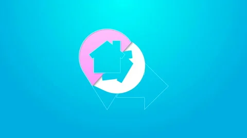 Pink line Map pointer with house icon isolated on blue background. Home location Stock Footage 144644420