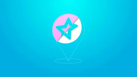 Pink line Map pointer with star icon isolated on blue background. Star favorite Stock Footage 144898768