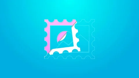 Pink line Postal stamp icon isolated on blue background. 4K Video motion graphic Stock Footage 144643069