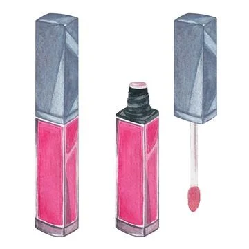 Pink lip gloss in silver case.  Watercolor hand drawn. Stock Illustration
