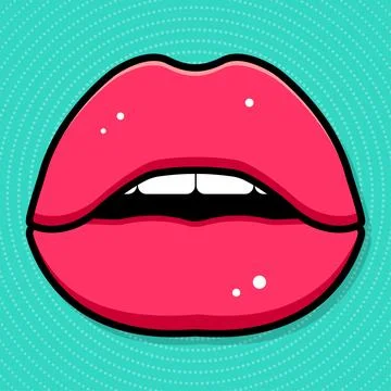 Pink lips on a blue background. Pop art poster. Vector simple illustration Stock Illustration