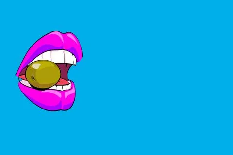 Pink lips eating a green olive Stock Illustration