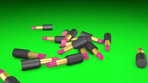Pink lipsticks falling on green screen. 3D animation. Stock Footage 281148561