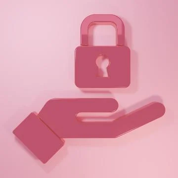Pink Lock in hand icon isolated on pink background. Padlock sign. Security,.. Stock Illustration