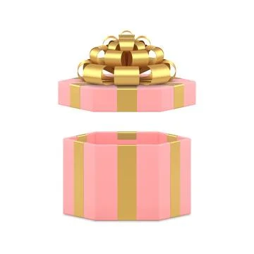Pink luxury gift box with open lid and golden bow ribbon feminine present 3d  Stock Illustration