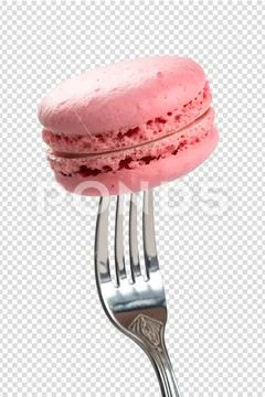 Pink macaron on fork isolated PSD Template